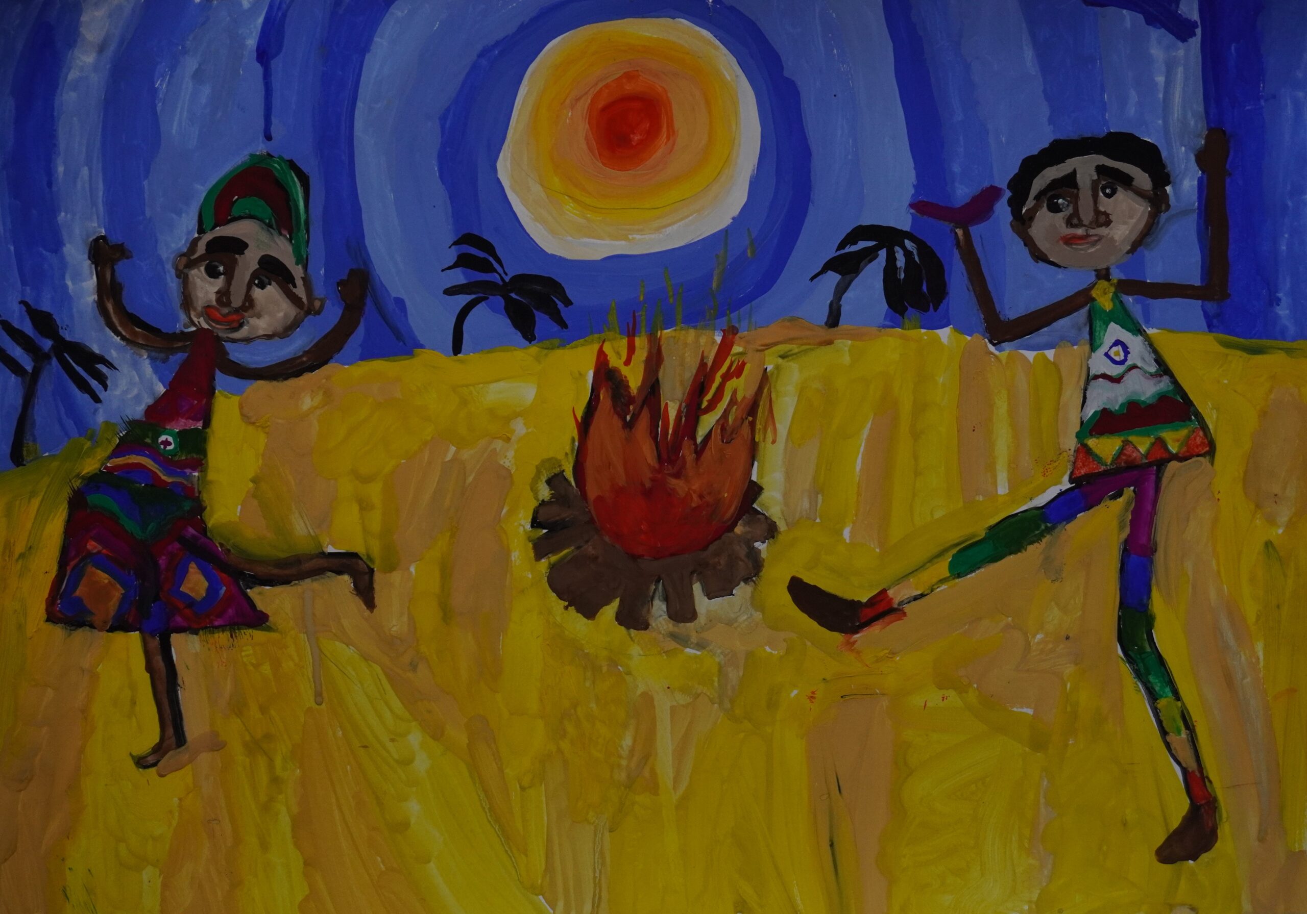 Дети и солнце. Рисунок по бушменской сказке «Как дети небо на солнце забросили»