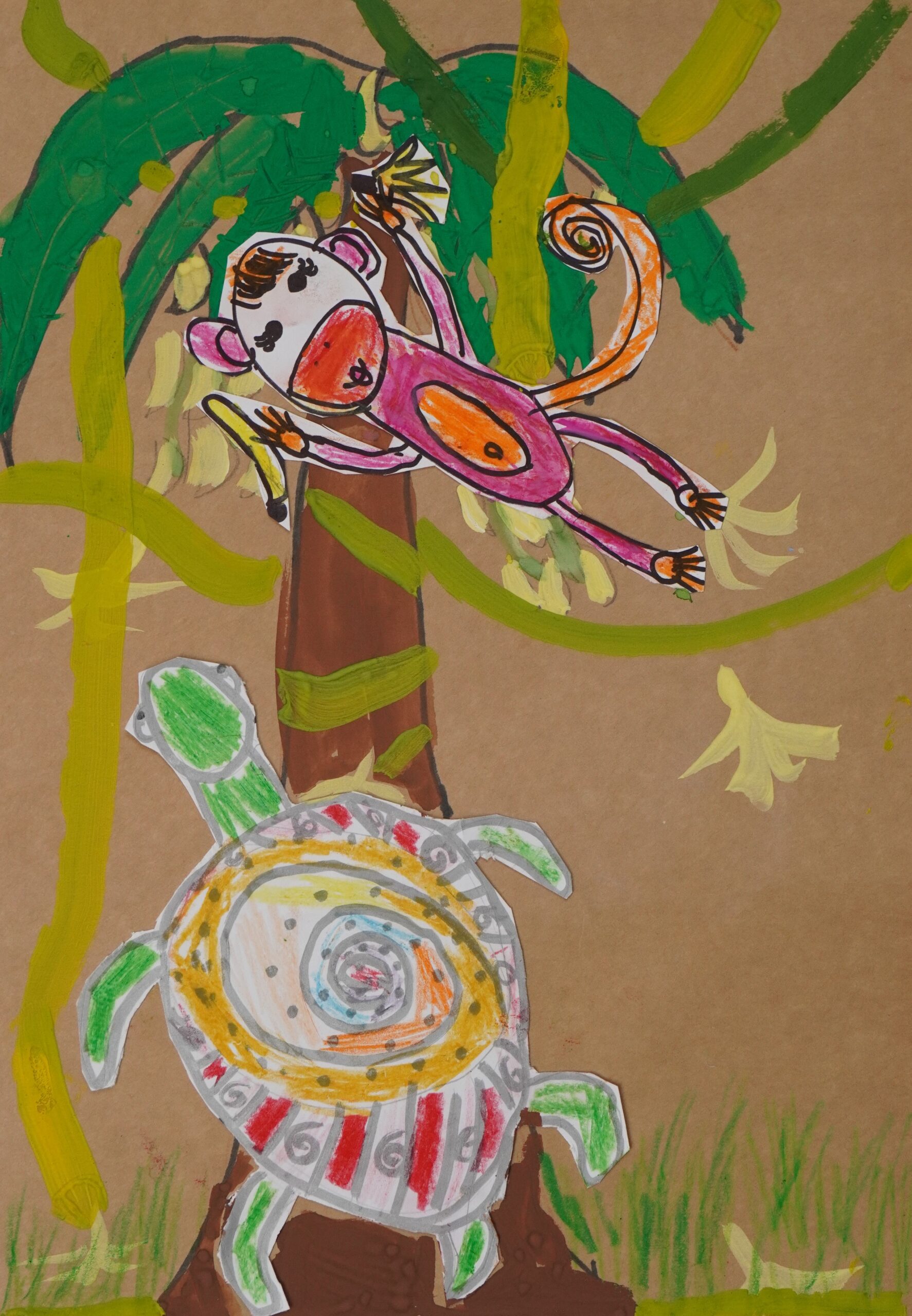 Обезьяна и черепаха. Иллюстрация к африканской сказке «Банановое дерево»