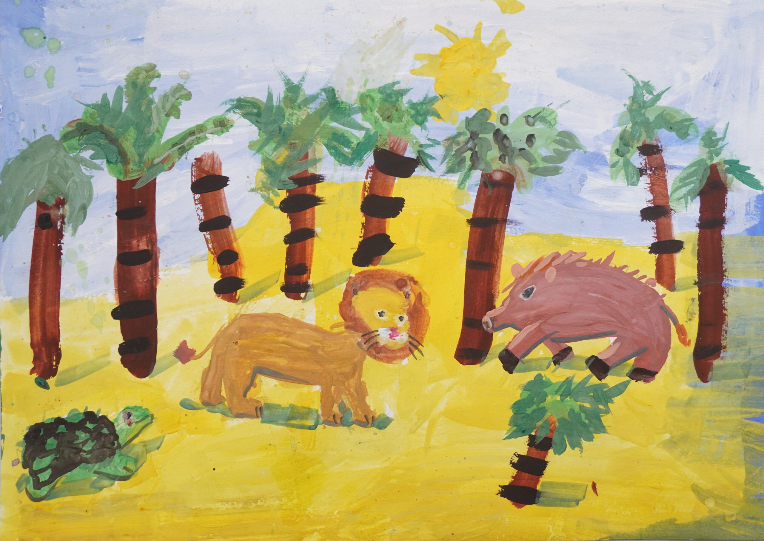 Иллюстрация к африканской сказке «Лев, Черепаха и Кабан»